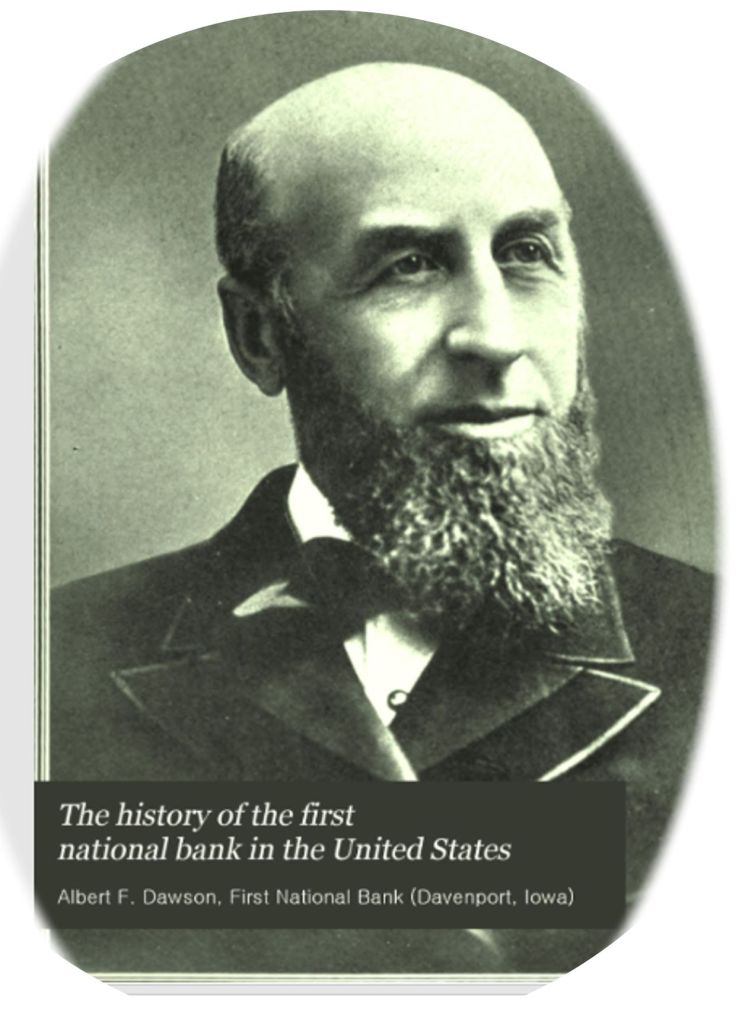 Portrait of Austin Corbin with a prominent beard and wearing a suit, captioned with text about the first national bank in the United States.