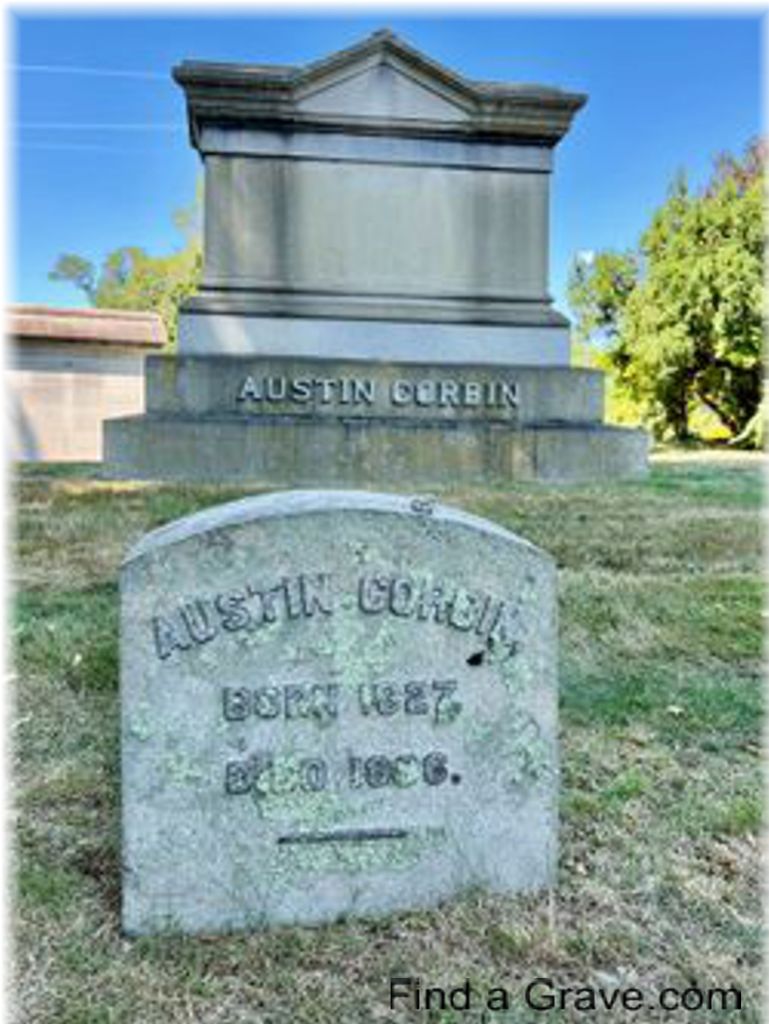 Photograph of Austin Corbin’s grave and family monument at Woodlawn Cemetery