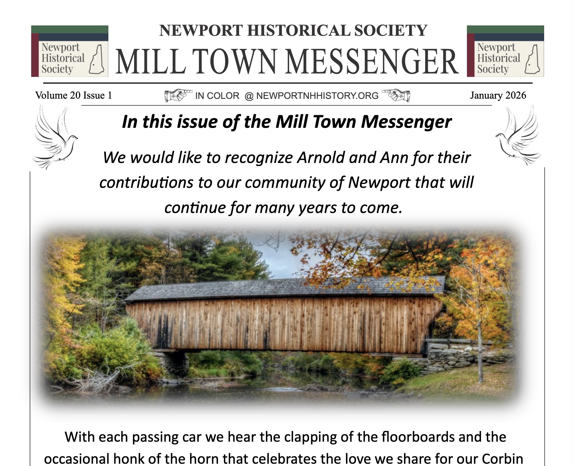 A covered wooden bridge surrounded by autumn foliage, reflecting over a river, featured in a newsletter titled 'Mill Town Messenger' from the Newport Historical Society.