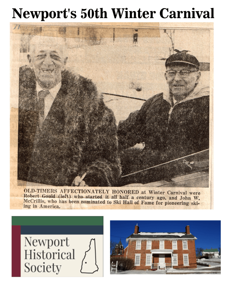 Two men, Robert Gould and John W. McCrillis, smile for the camera at Newport's 50th Winter Carnival, alongside a commemorative caption honoring their contributions to skiing.