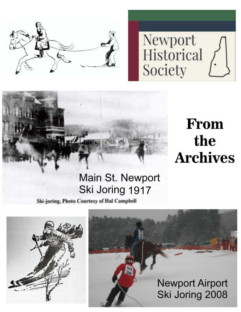 Collage featuring various historic ski joring images and illustrations, including a horse and skier, the Newport Historical Society logo, and archival photos from 1917 and 2008.