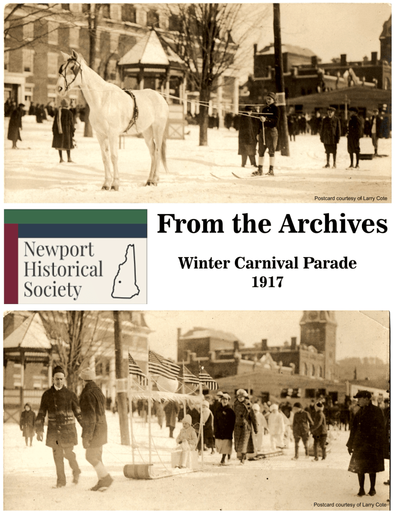 Historic photo of the Winter Carnival Parade from 1917, featuring a white horse, people in winter clothing, and decorations in a snowy town square.
