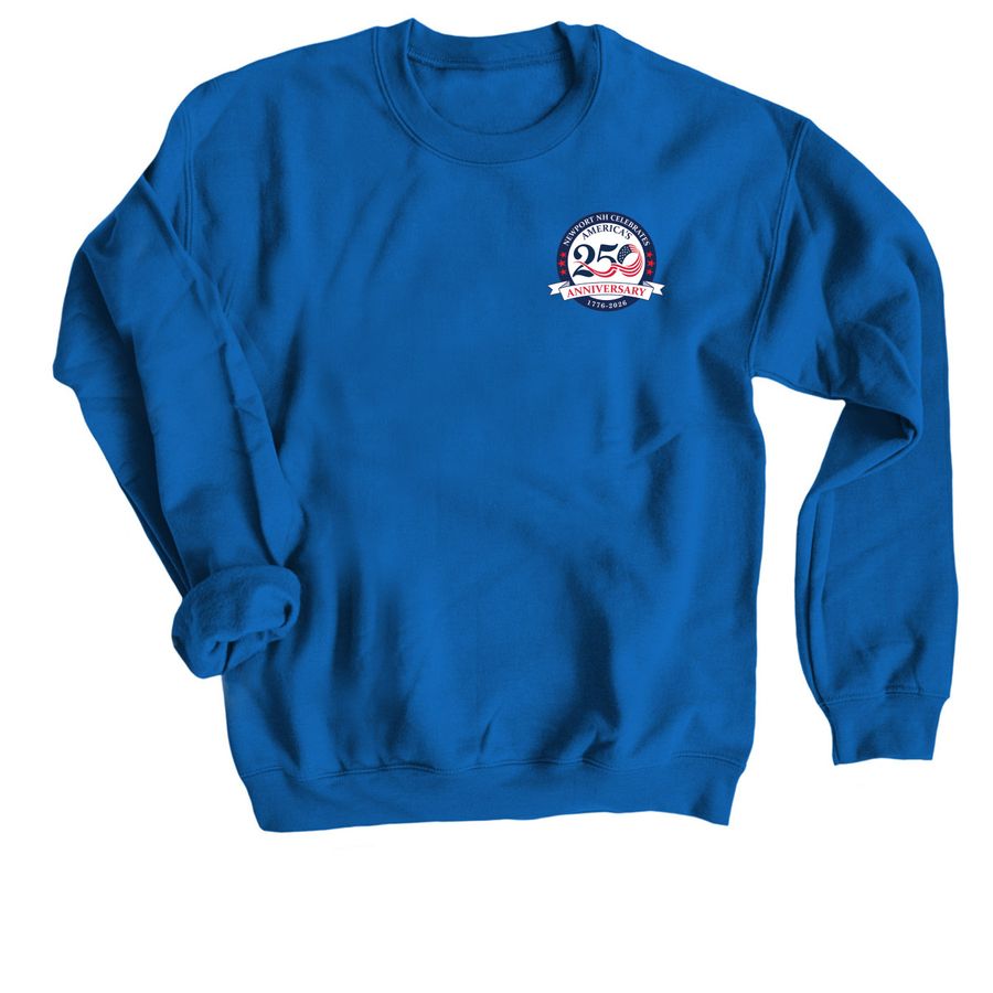 Blue sweatshirt featuring a commemorative design for a 250th anniversary.