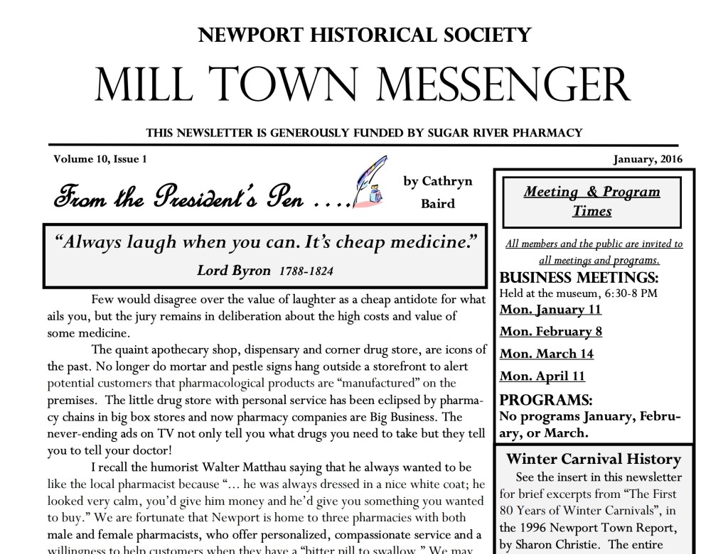 Newsletter titled 'Mill Town Messenger' from the Newport Historical Society, featuring a message from the president, meeting dates, and information about local pharmacies.