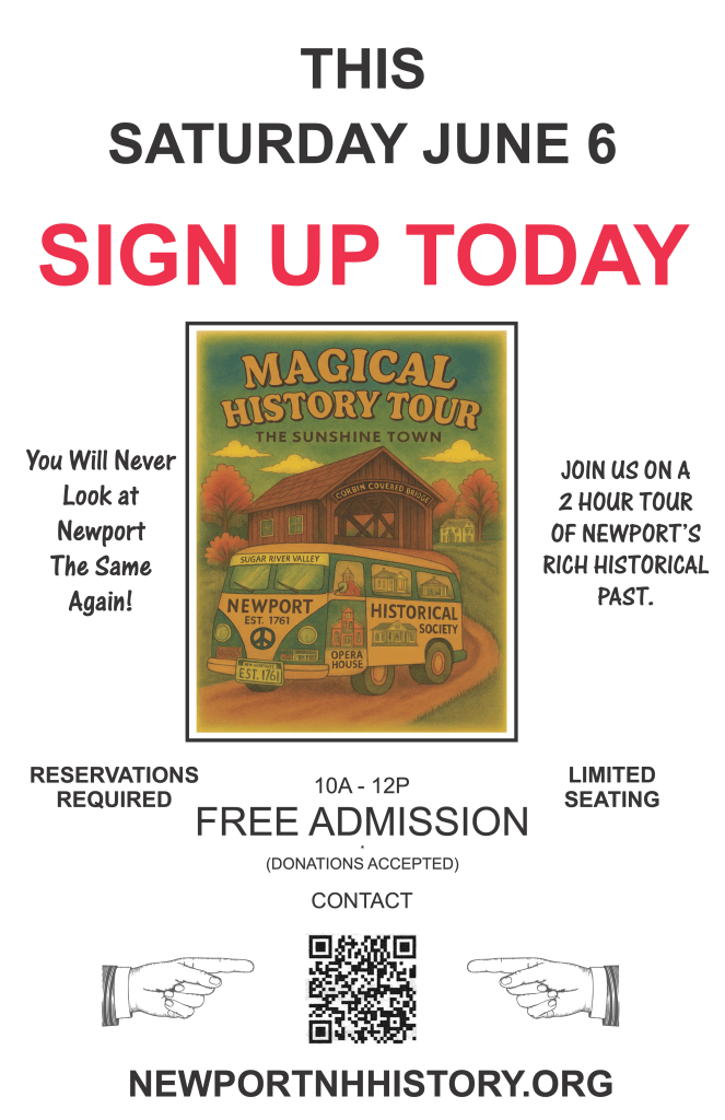 Promotional flyer for a Magical History Tour in Newport, featuring a vintage-themed illustration of a tour bus and text details about the event, including date, time, and reservation information.
